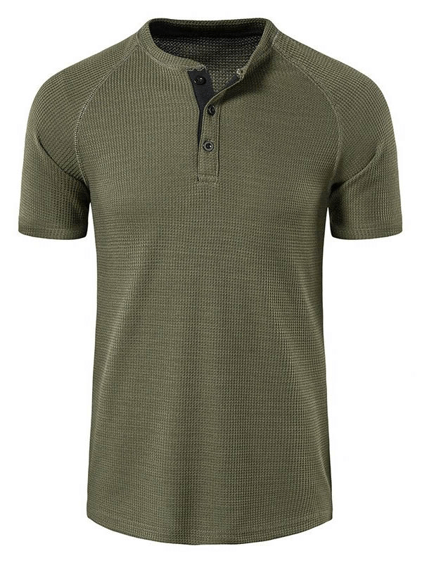 Olive green short sleeve breathable sports t-shirt for men, featuring a ribbed texture and henley neckline.